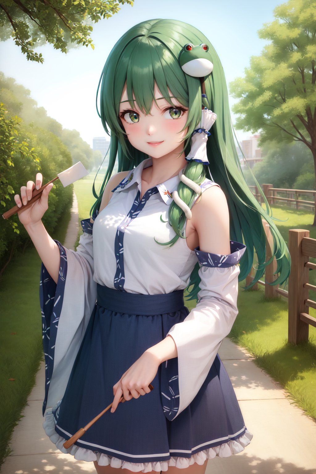 00144-2102899333-(masterpiece, best quality_1.2), , cowboy shot, solo, 1girl, kochiya sanae, smile, looking at viewer, hair tubes, frog hair orna.jpg